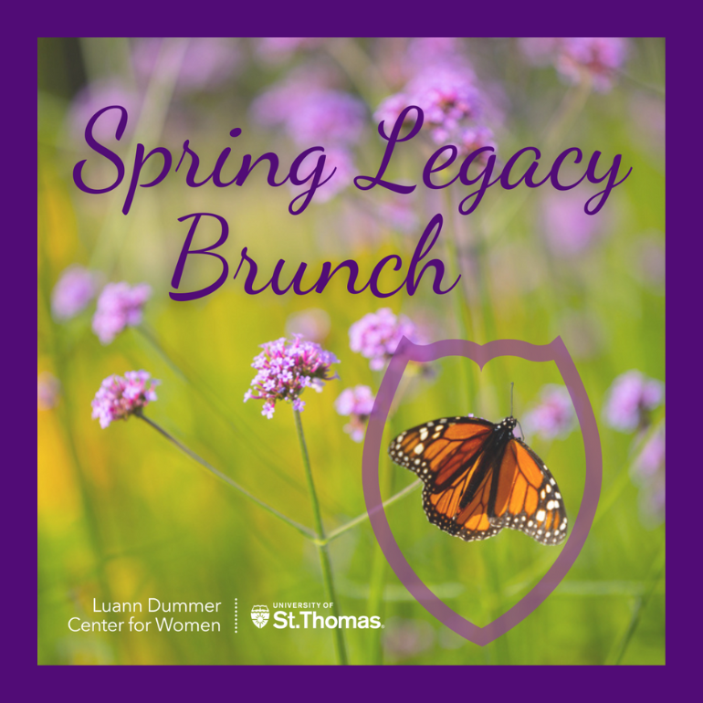 Spring Legacy Brunch with field of flowers and the St. Thomas shield around a butterfly